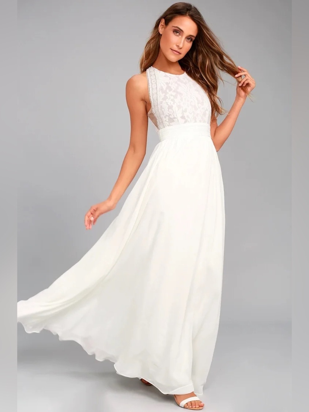Lulus Forever and Always White Floral Lace Bridal Maxi Dress Gown Size XS NWT